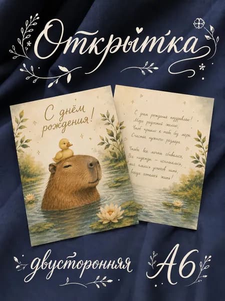 Открытка с днём рождения А6 с капибарой у речки ручная работа, подарочная открытка 148 105 мм