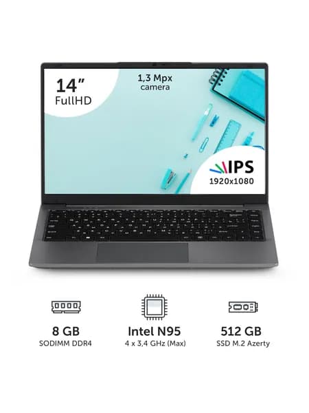 Azerty RB-1452 Ноутбук 14", Intel N95, RAM 8 ГБ, SSD 512 ГБ, Intel UHD Graphics, Windows Pro, серый, Русская раскладка
