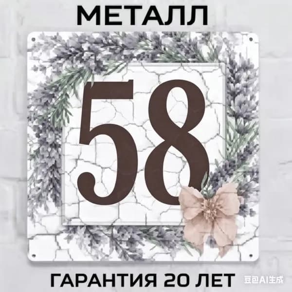 Номерной знак для дома в провансальском стиле, лавандовый, металл, 20х20 см.