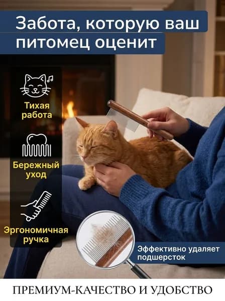 Пуходерка для собак и кошек с натуральной деревянной ручкой, массажная металлическая щетка для удаления шерсти, эргономичный инструмент для груминга.