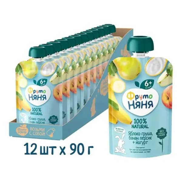 Пюре ФрутоНяня из яблок, груша, банан, персик с йогуртом, 12 шт х 90 г, с 6 месяцев