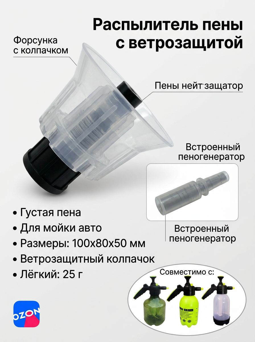 Распылитель пены, форсунка для пены, пластик, 100x80x50 мм, с ветрозащитным колпачком и пеногенератором