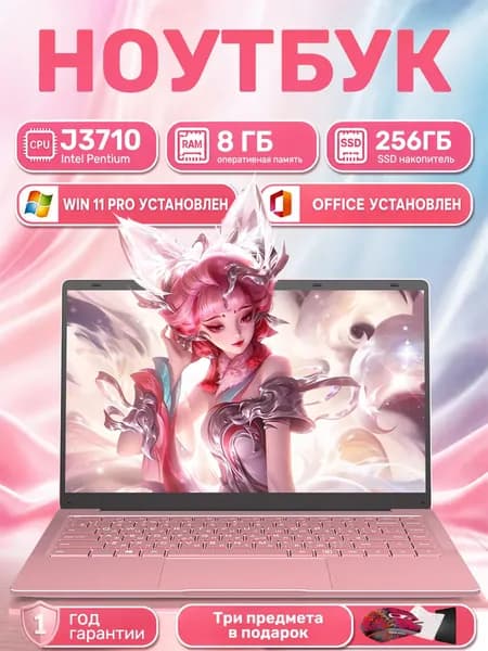 Ноутбук 14.1", Intel Pentium J3710, RAM 8 ГБ, SSD 256 ГБ, Intel UHD Graphics, Windows Pro, (J3710), розовый, Русская раскладка