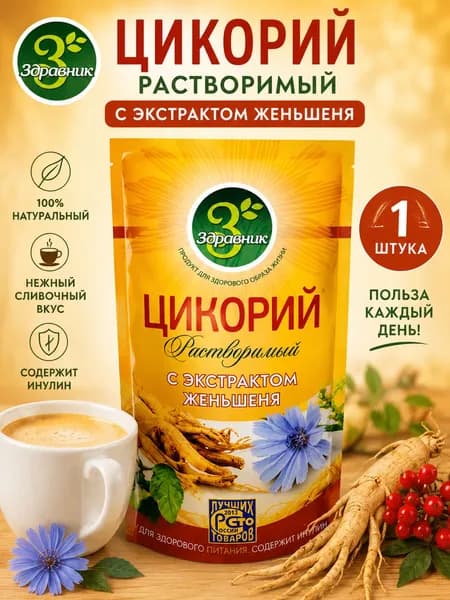 ЗДРАВНИК Цикорий растворимый с экстрактом Женьшеня, поддерживает естественные процессы пищеварения, дарит легкость и комфорт, 85 г.