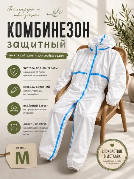 Комбинезон защитный мембранный одноразовый с капюшоном, дышащий, влагозащитный, белый, размер M