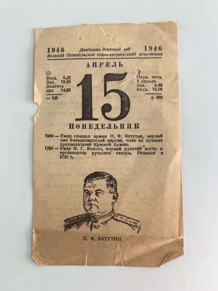 Лист отрывного календаря. 15 апреля 1946 года. Ватутин Н.Ф.