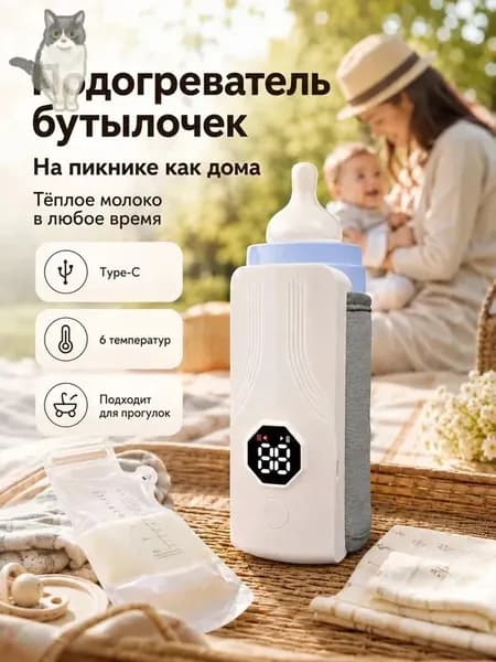 Подогреватель для бутылочки портативный, 6 режимов температуры, функция долгого поддержания тепла, температурный дисплей, компактный для выезда на природу, совместим с бутылочками диаметром до 80 мм
