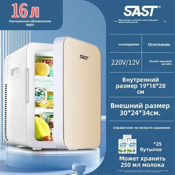 Мини-холодильник SAST 16 л, режим холод/тепло, питание 220В / 12В, для косметики и напитков, для дома и авто