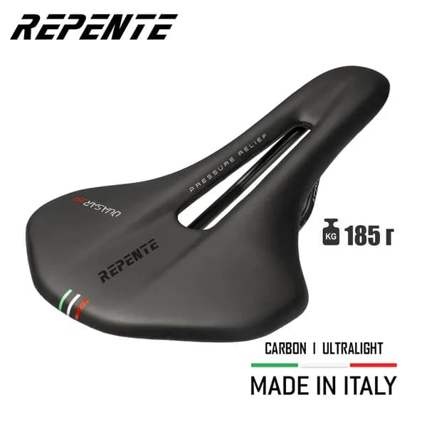 Велосипедное седло selle Repente Quasar 2.0 Aeron Black (Italia), 260х142 мм, вес 185 г. - легкое спортивное карбоновое, для дорожного и горного велосипеда, для мужчин и для женщин, цвет черный