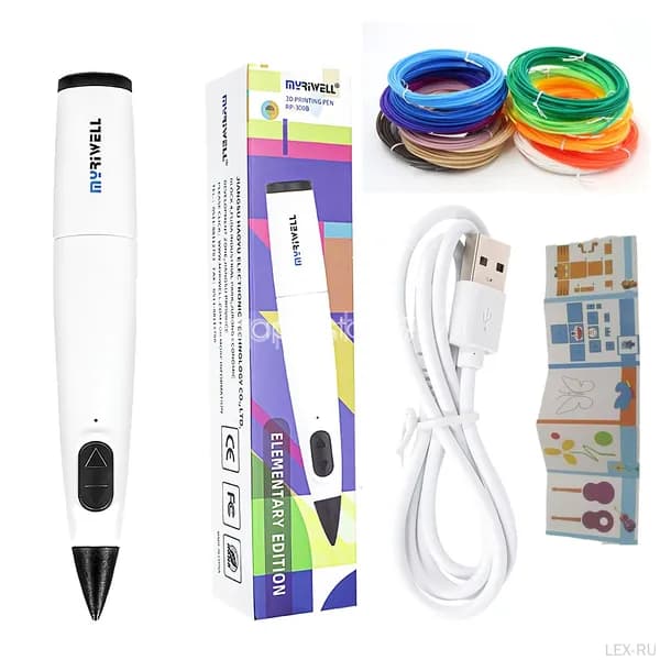 Перьевая 3D-принтер Myriwell RP-300B Magic Pen Maliang с низкой температурой белый вариант, включая 10 цветов расходных материалов по 5 метров каждый и 10 альбомов с изображениями для творчества