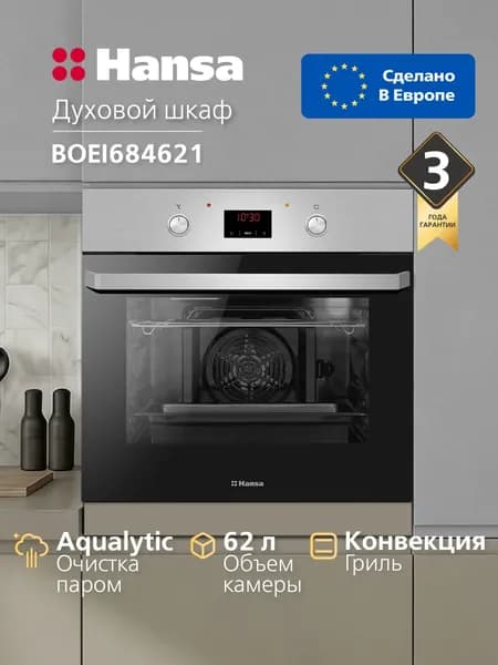 Духовой шкаф электрический встраиваемый Hansa BOEI684621, 60 см, с грилем и конвекцией, 8 режимов нагрева, с таймером, быстрый предварительный нагрев, очистка паром