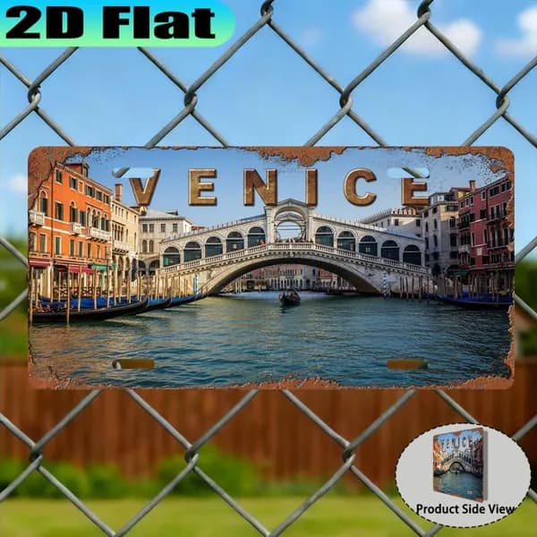 Табличка "Venice" с мостом Риальто, винтажный стиль, металл, декор для любителей итальянской культуры, 15х30 см