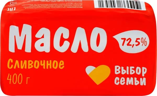 Масло сливочное ВЫБОР СЕМЬИ 72,5%, без змж, 400г
