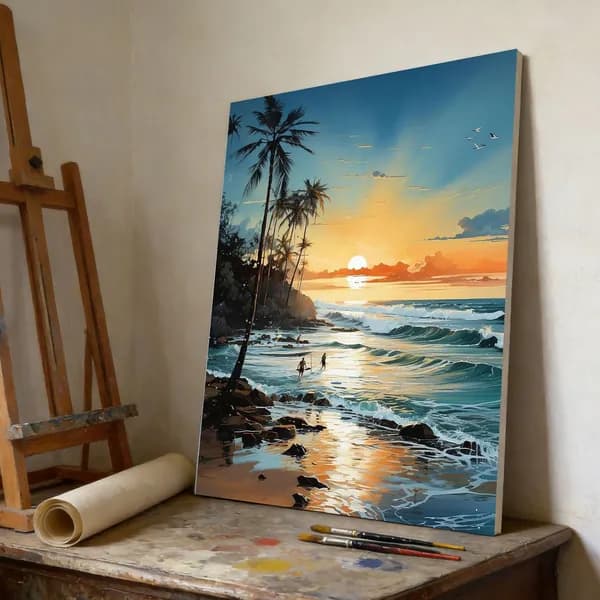 Цифровая живопись Sunset Surf at the Beach , 40 50 см, без рамы, с красками и кистями