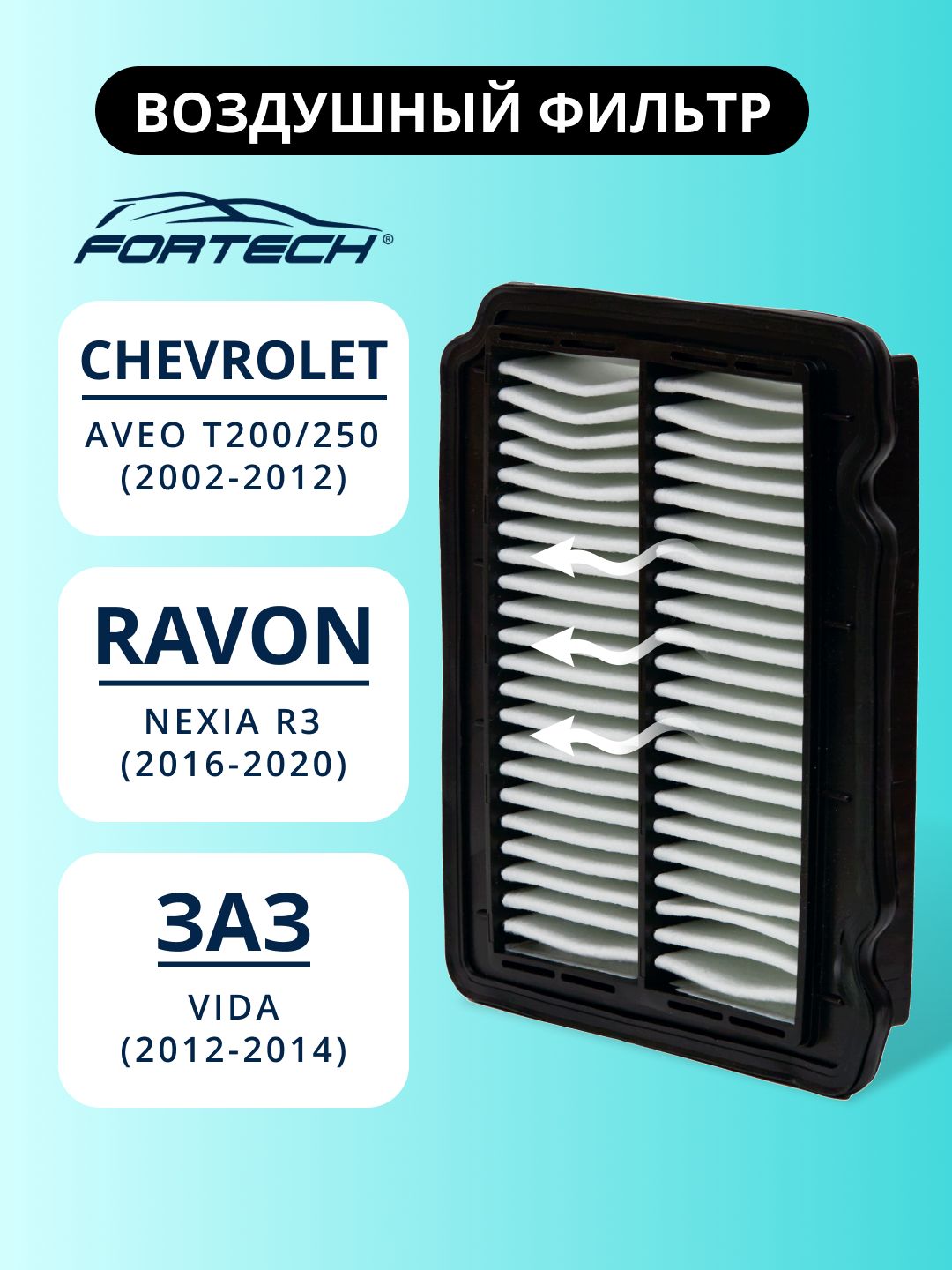 Фильтр воздушный CHEVROLET AVEO T200 T250, Ravon Nexia R3, ЗАЗ Вида FORTECH FA-034