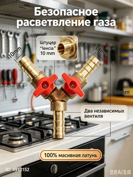 Газовый кран тройник, латунный Y-образный разветвитель 10 мм-шаровой вентиль для шланга, для подключения плиты и газового баллона.