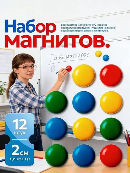 Магниты для доски маркерной / магниты на холодильник / 12 штук, разноцветные