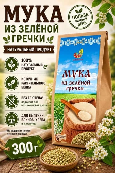 Мука цельнозерновая Зеленой гречки, 300 г Дивинка