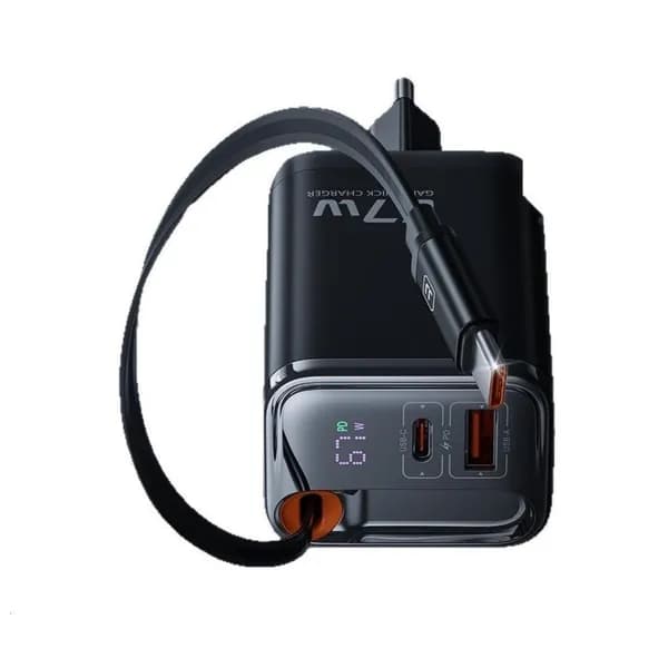 Зарядное устройство USB C 67W с выдвижным кабелем, 3 портами и LED дисплеем, интеллектуальная защита