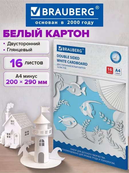 Картон белый плотный для творчества и рисования А4 Мелованный (белый оборот), 16 листов, в папке, Brauberg, 200х290 мм
