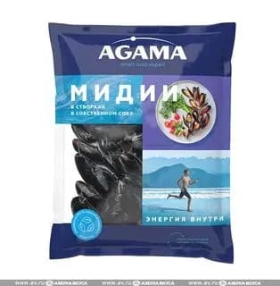 Мидии в створках в собственном соку варёно-мороженые, Agama, 450 г