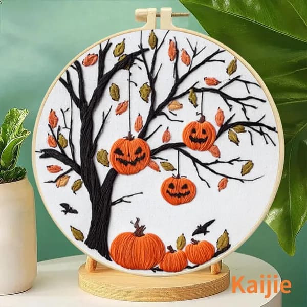 Набор для вышивания Pumpkin Night на хлопковой ткани 24 24 см с деревянным пяльцами 15 см
