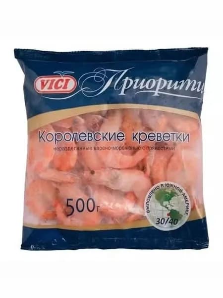Креветки Vici Королевские неочищенные 30/40 варено-мороженые 500 г