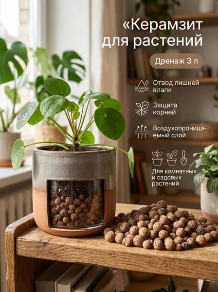 Керамзит для цветов 3 л: натуральный дренаж/для цветов/защита корней от лишней влаги/улучшение роста растений
