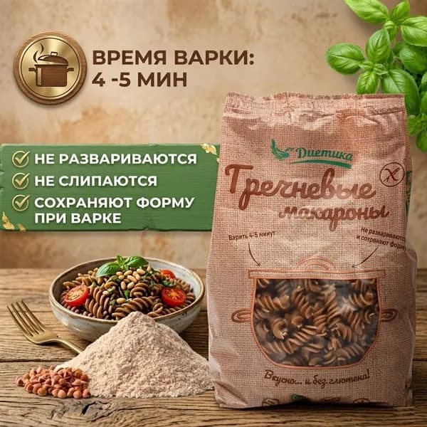 Спирали из гречневой муки Диетика без глютена, продукты диетические, макароны детские, правильное и здоровое питание, гречка, 300 гр