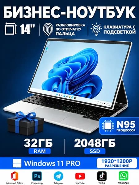 Ноутбук 14", Intel N95, RAM 16 ГБ, SSD 512 ГБ, Intel UHD Graphics, Windows Pro, серебристый, Русская раскладка