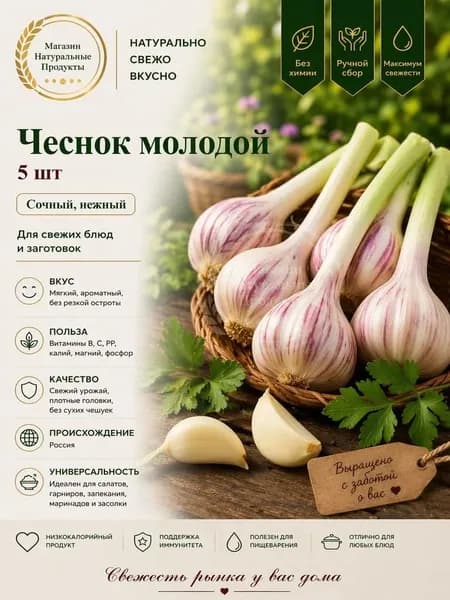 Чеснок молодой 5 шт, Азербайджан, свежий урожай, отборный