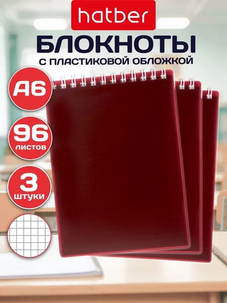Блокнот на гребне в клетку A6 96 л Hatber Sand, бордовый