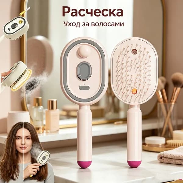 Электрический массажный гребень с распылением, для ухода с маслами, антистатический, с красным светом, розовый