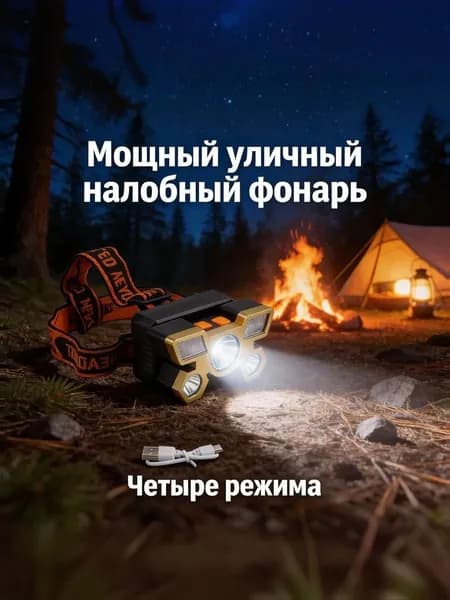 Фонарь налобный аккумуляторный, 4 режима работы, регулируемый угол наклона