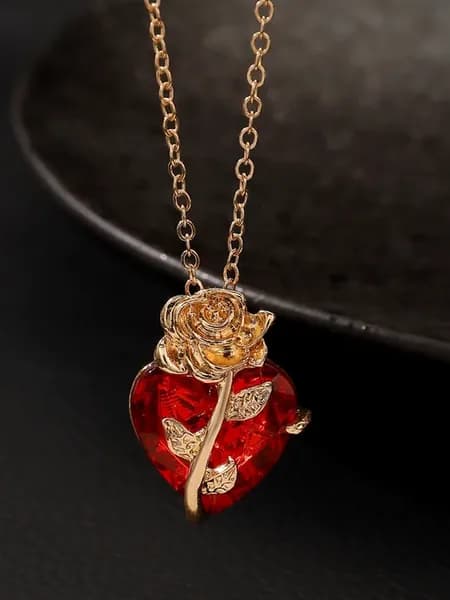 Кулон сердце с розой с красным камнем