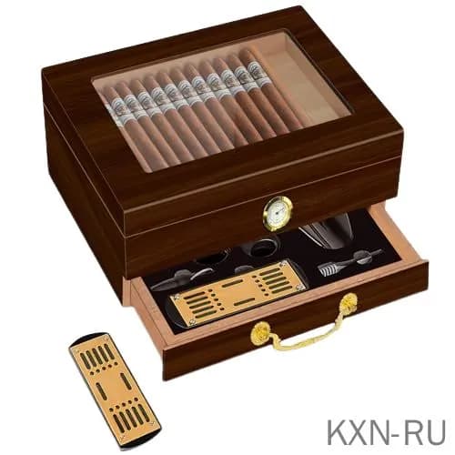 Шкатулка для кабинета из красного дерева с прозрачной крышкой и датчиком влажности для хранения сигар