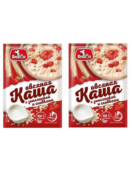 Preston Каша овсяная земляника со сливками, быстрого приготовления, 37 гр, 2 уп