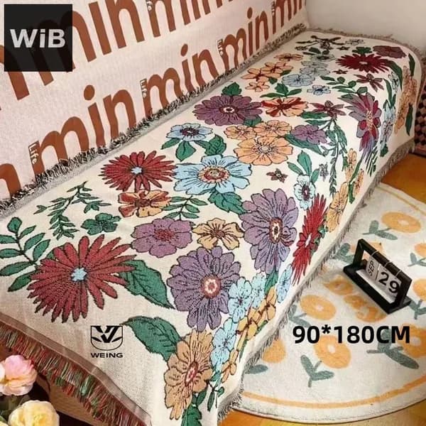 WIB Плед 90x180 см хлопок двусторонний, новогодний цветы бежевый