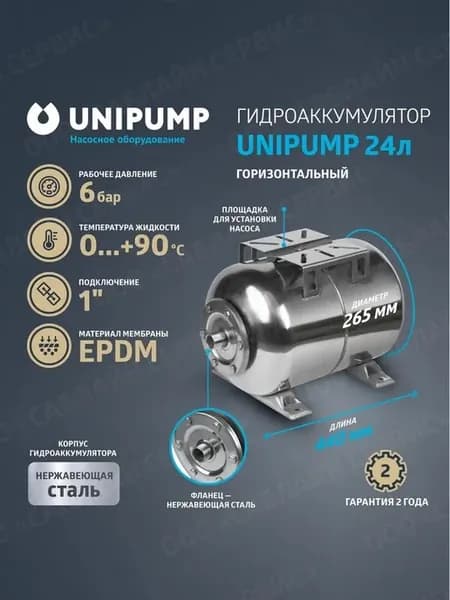 Гидроаккумулятор 24л горизонтальный, нерж. сталь