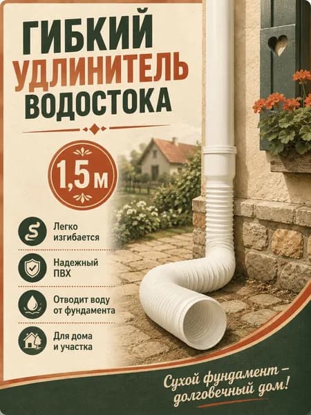 Гибкий удлинитель водостока 80/100 мм (белый), раздвижная дренажная труба 50-150 см для отвода ливневых вод