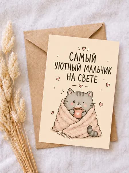 Открытка "Самый уютный мальчик на свете" с милым котиком, нежная открытка 10х15 см с крафт-конвертом
