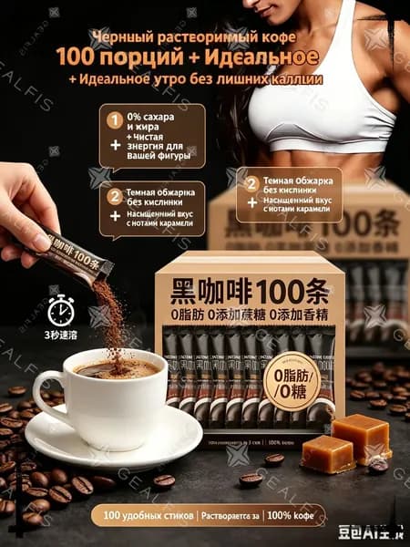Кофе растворимый черный в стиках, порционный без сахара и жира - 100 штук, темная обжарка без кислинки, для дома и офиса