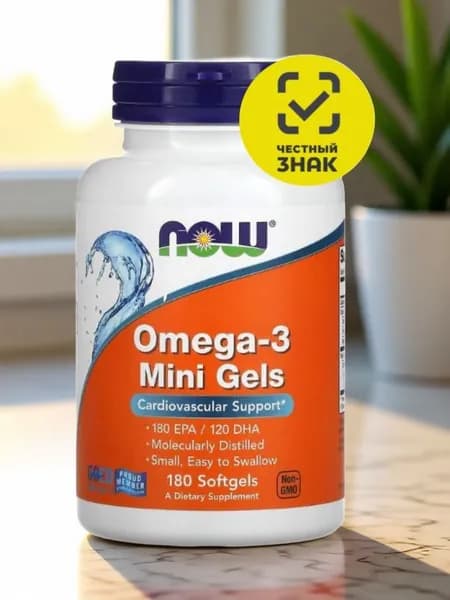 NOW Foods, жирные кислоты омега-3 в мини-капсулах, 180 ЭПК / 120 ДГК, 180 капсул Честный Знак