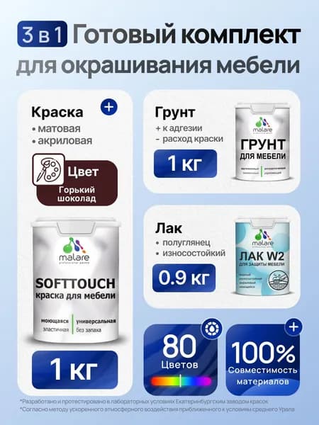 Комплект Malare SoftTouch для окрашивания мебели (1кг грунт + 1 кг краска + 0.9кг лак), акриловый, без запаха, быстросохнущий, полуглянцевый, цвет горький шоколад