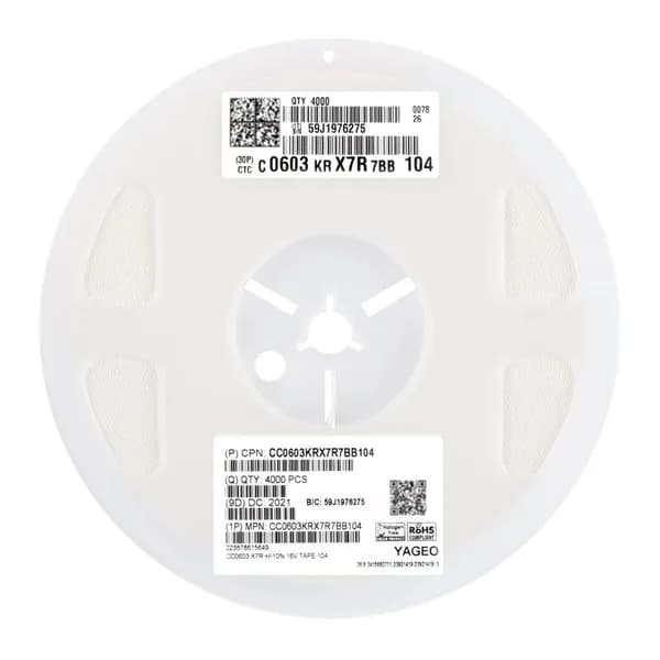 100шт 0603 SMD конденсатор 100nF(104) 10% 16V X7R CC0603KRX7R7BB104