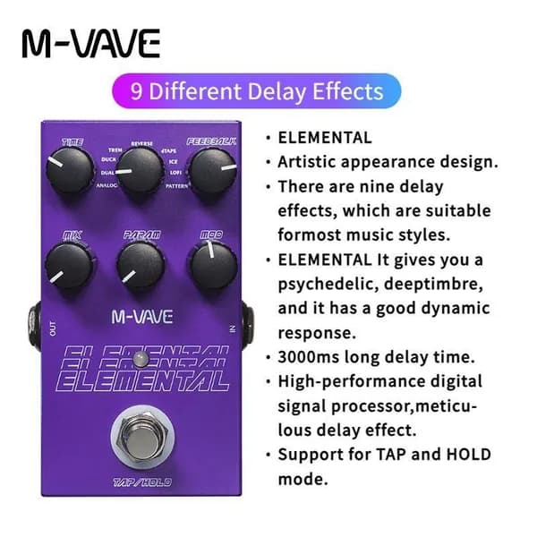 M-VAVE Elemental Педаль задержки Digital Delay Pedal, 9 различных эффектов задержки, поддерживаются режимы TAP и HOLD.