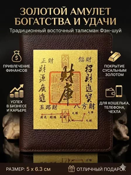 Золотой амулет Фэн-шуй для привлечения денег и удачи / Наклейка-талисман богатства / Магнит для денег