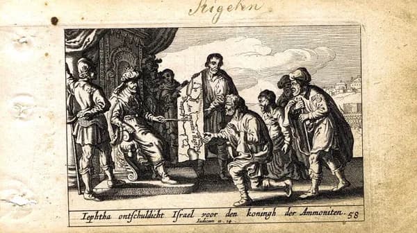 Ветхий Завет. Послы Иеффая у царя Аммонитского. Антикварная резцовая гравюра, офорт. Нидерланды, 1659 г.