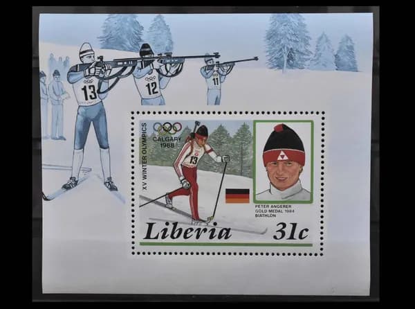 Почтовая марка (блок) Либерии 1987 г. "Зимние Олимпийские игры, Калгари", Спорт