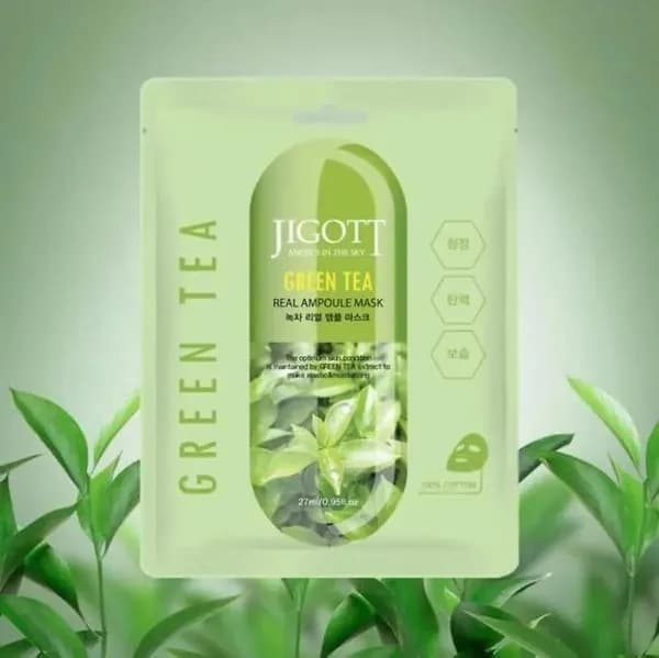 2шт/ JIGOTT / Green Tea Real Ampoule Mask, Ампульная тканевая маска с зеленым чаем 27 мл, Корея